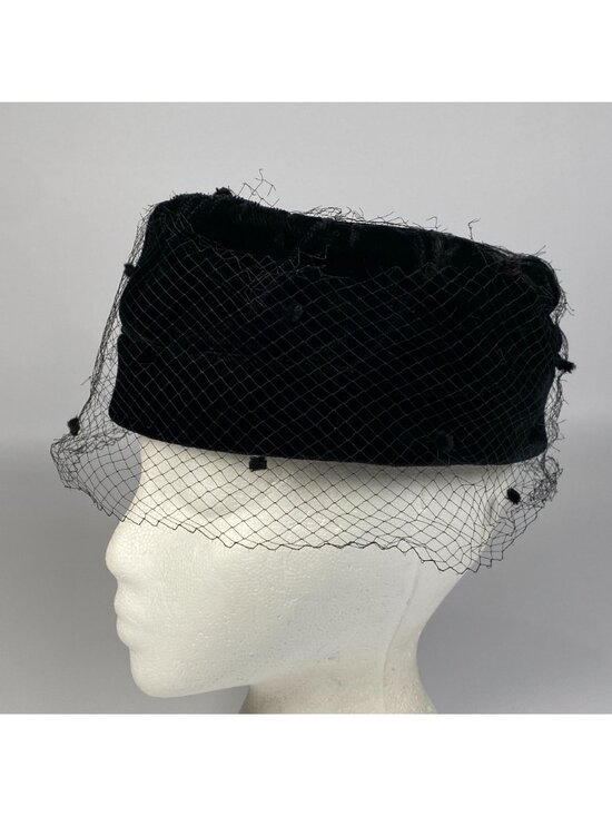 Vintage Black Velvet Pillbox Hat Face Veil with Dot Accents Union Label